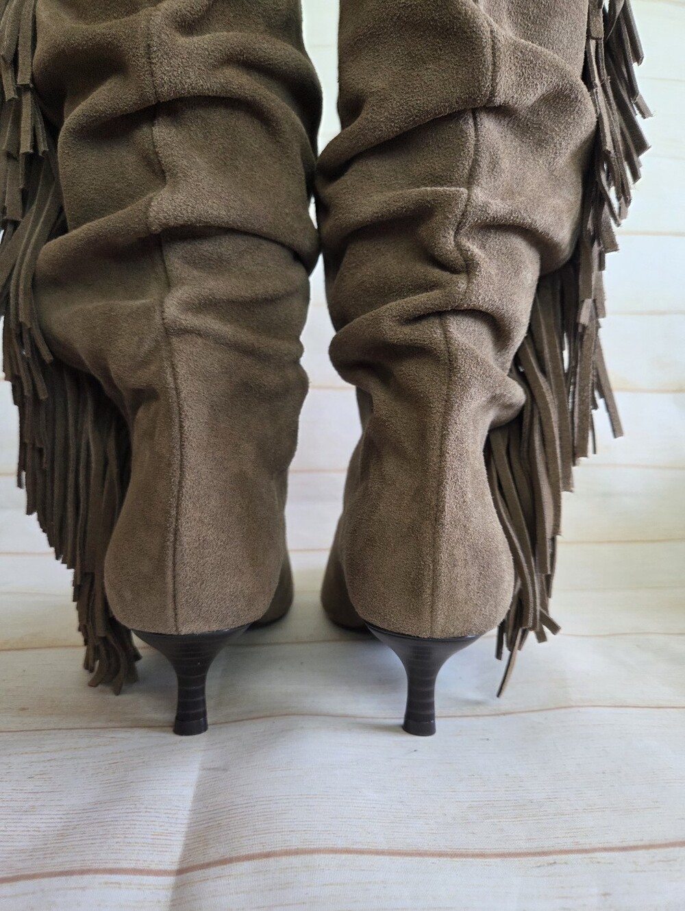 Zara Suede Fringe Ruched Pointy Toe Kitten Heel Boots Boho Brown Tan Size 38 - Picture 8 of 16